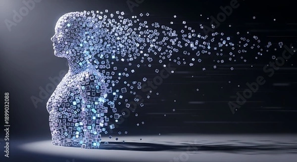 Fototapeta AI Human Profile Dissolving in Digital Data Cubes