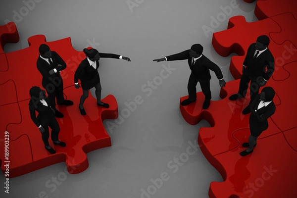 Fototapeta Two teams Merging on a jigsaw puzzle.
Two teams of executives merging on a jigsaw puzzle showing a partnership and collaboration.