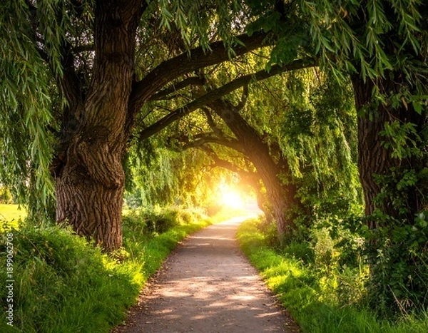 Obraz Serene pathway through lush green trees.