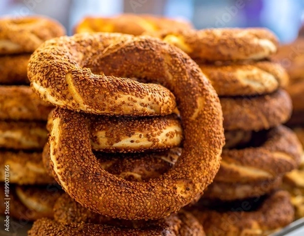 Obraz Stacked Simit Bread Loaves Closeup View.
