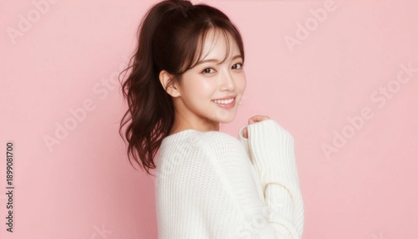 Obraz 笑顔で振り返る若い女性のナチュラルポートレート