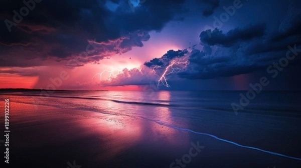 Obraz Dramatic summer storm with lightning over the ocean at sunset