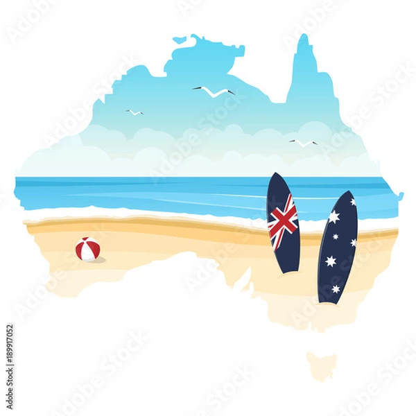 Fototapeta Contour of Australia with ocean, beach and surfboards isolated on a white background. Day of Australia.