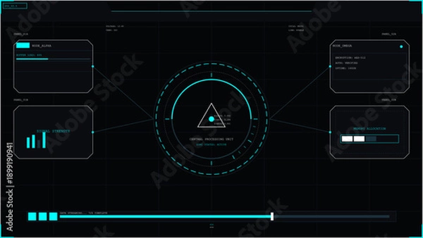 Obraz Futuristic digital interface screen showing system diagnostics and data processing metrics