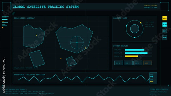 Obraz Futuristic digital interface displaying global satellite tracking and orbital data analysis
