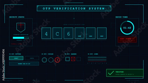 Obraz Futuristic dark screen interface displaying OTP verification system and security countdown timer