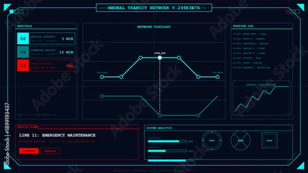 Obraz Dark futuristic user interface screen with network topology and real-time system analytics