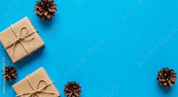 Obraz Rustic Gifts, Pine Cones: Festive Blue Background
