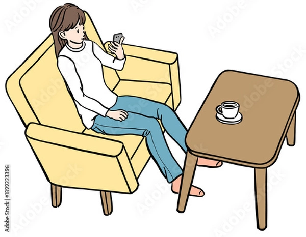 Obraz ソファーに座ってスマホをみる若い女性のイラスト