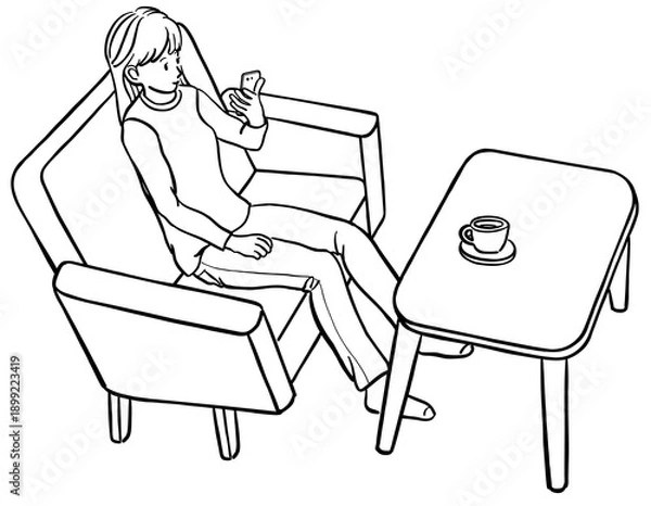 Obraz ソファーに座ってスマホをみる若い女性のイラスト　線画