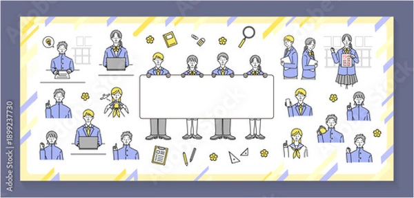 Obraz シンプルでかわいい制服の学生イラストセット（学校・勉強・入学素材）