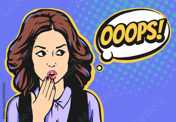 Obraz Pop art surprised brunette girl face with open mouth speak oops or ooops. Comic woman with speech bubble.