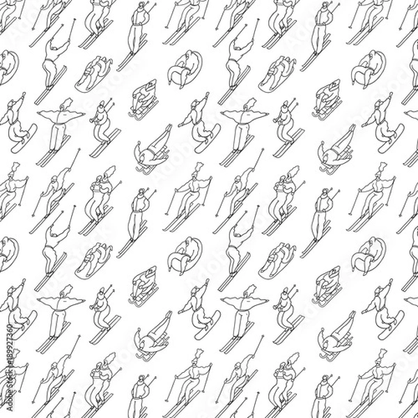 Obraz Pattern skiing people in winter on a tubing, snowboard, ski, sleigh . 