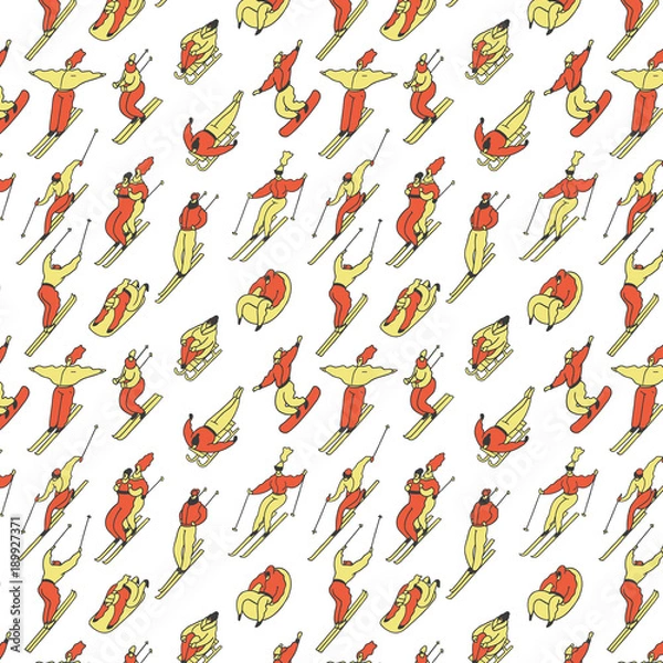 Obraz Pattern skiing people in winter on a tubing, snowboard, ski, sleigh .