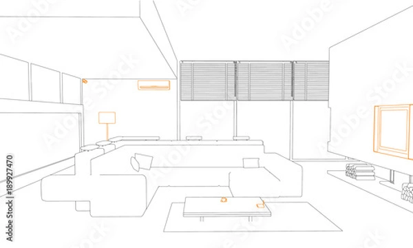 Obraz Ink sketch modern interior with electrical appliances, tv, lamp, security camera, wi-fi router, conditioner.