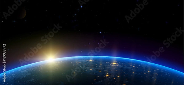 Obraz Night view of Earth from the satellite to the glowing lights of cities on the sunrise from the east. Outer space. 