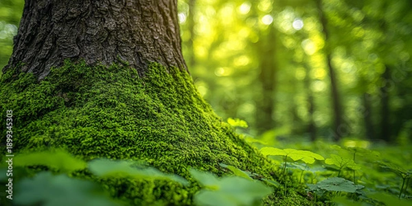 Obraz Moss covers tree trunk in a forest setting Generative AI