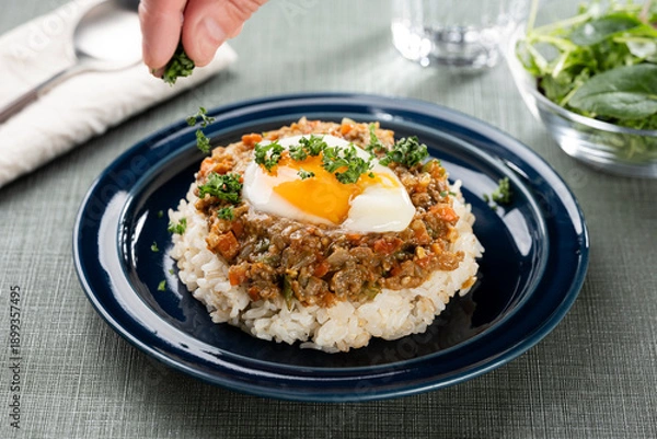 Obraz 食卓でキーマカレーにパセリを添える仕上げの調理シーン