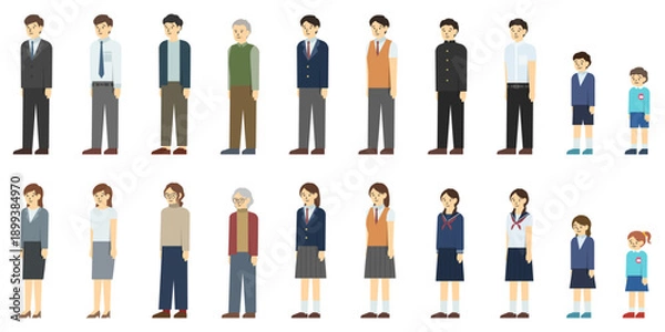 Obraz フラットイラスト：様々な年代の男女セット