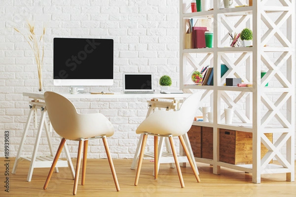 Fototapeta Industrial loft interior with workplace