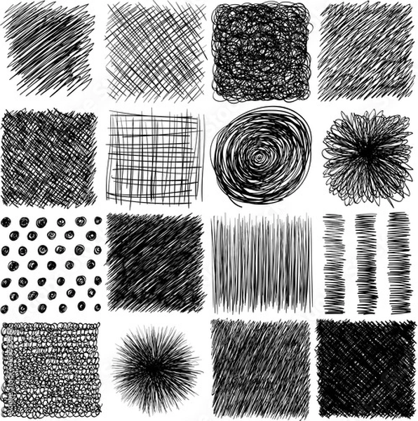Obraz Vector set, ink hand drawn hatch texture. Abstract grunge lines, points, hatching, strokes and other graphic design element collection