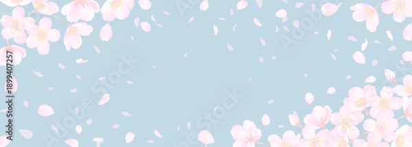 Obraz 桜の花と春のスモーキーな空の横長背景イラスト