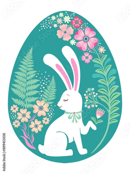 Obraz Easter Egg Illustrations with Bunnies, Flowers and Patterns. Easter and spring elements. Vector illustration in flat style. Happy Easter
