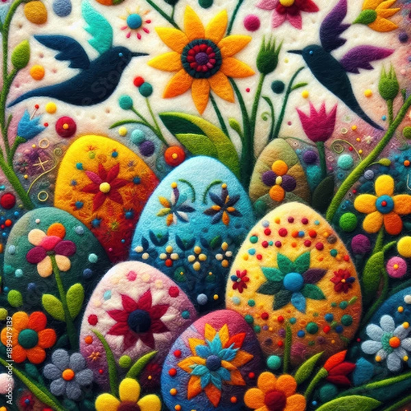 Obraz Felt art patchwork, Easter eggs with spring flowers, colorful holiday