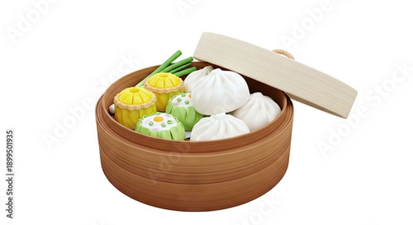 Obraz Assorted Dumplings in Bamboo Steamer Basket