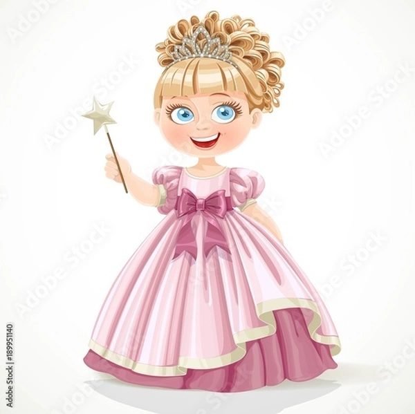 Obraz dla dziewczynki Śliczna mała księżniczka w różowej sukience i diademie trzymając różdżkę na białym tle