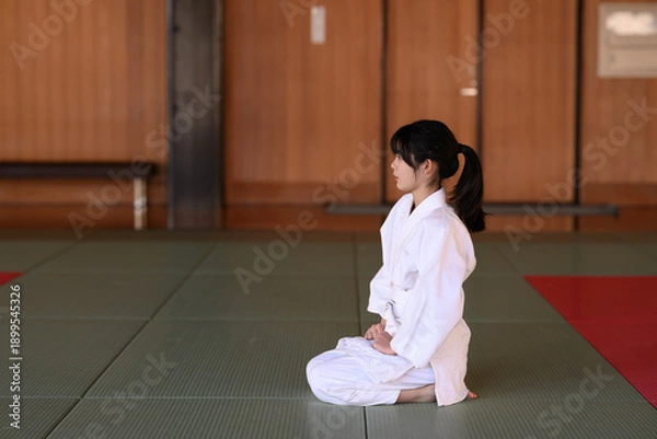 Obraz 道場で正座をして真っ直ぐ前を見つめる空手着の少女　武道の礼儀と精神統一