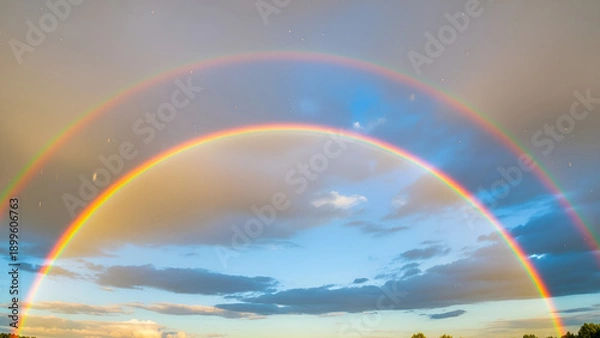 Obraz Vibrant double rainbow in blue sky with clouds