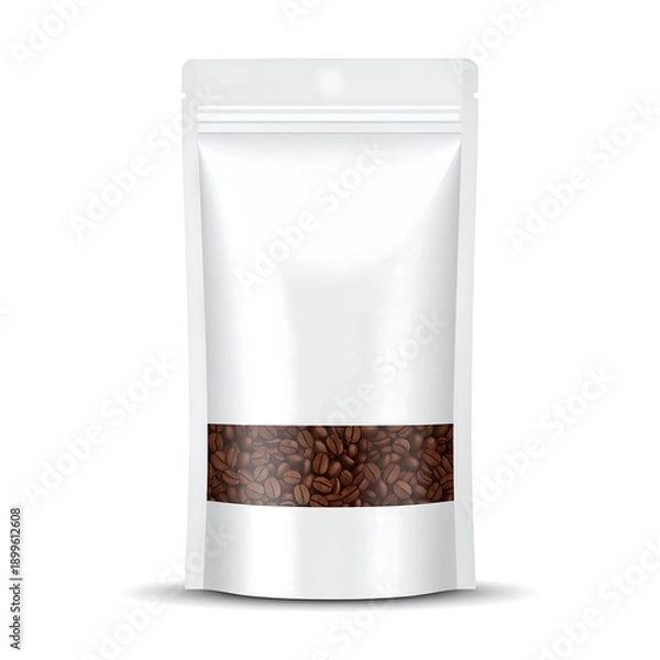 Obraz A white resealable pouch with a brown coffee bean pattern