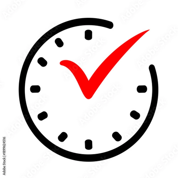 Obraz Check mark on clock icon. Real time protection simple line vector icon. Vector graphic, not Artificial Intelligence, logo illustration. Replaceable vector design.