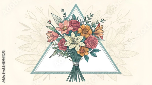 Fototapeta Lightly scribbled bouquet in a triangle frame.