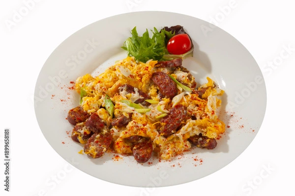 Obraz Eggs with sausage and red pepper