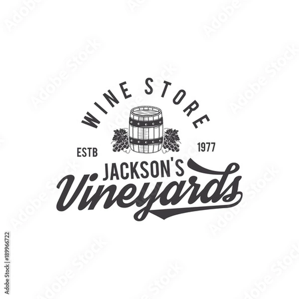 Fototapeta Wine shop logo, label. Organic wines.Vineyard badge. Retro Drink symbol - wine barrel, vines. Typographic design vector illustration. Stock vector emblem and icon isolated on white background