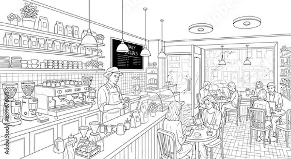 Obraz  a-coffee-shop-interior-line-art.