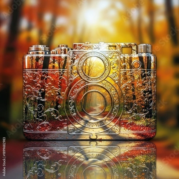 Obraz Vintage Gold Camera With Autumn Reflection