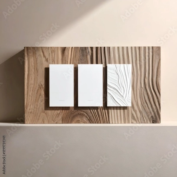 Obraz Three white rectangular objects with wooden textured backdrop