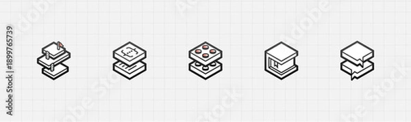 Obraz Isometric stack icons. Scalable digital infrastructure architecture, data layers, development workflows and modular systems. Technology startup, software presentations, cloud platform. UI UX branding 