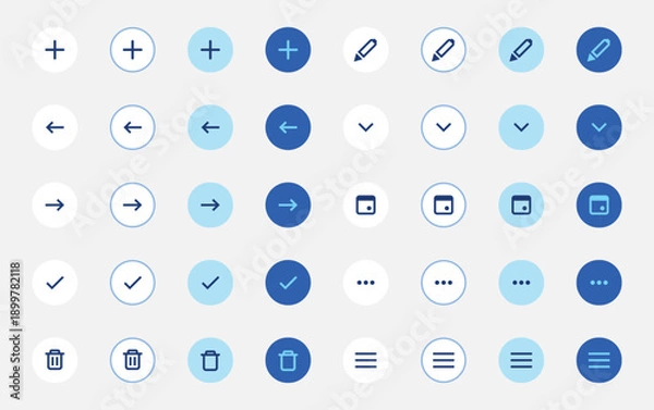 Obraz Modern circular action button icon set. Mobile interface design. Add edit delete navigation controls. Apps dashboards websites and software products user experience. Ui ux elements components toolkit