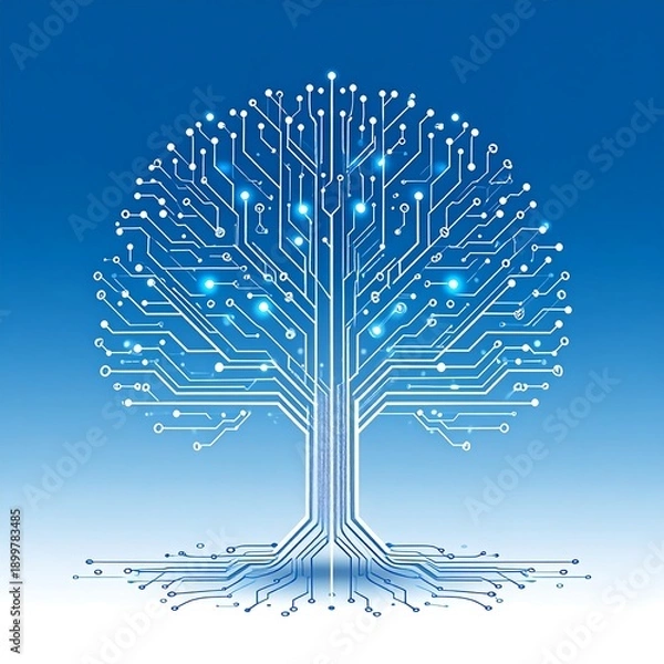 Obraz Circuit-board tree. Trunk sprouts branches reaching sky. Blue background. Electrical pathways highlighted