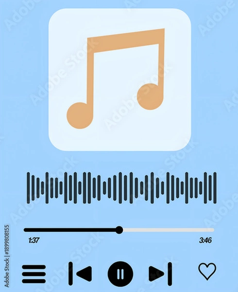 Obraz Modern Music Player App Interface with Audio Waveform and Playback Controls, vector illustration 