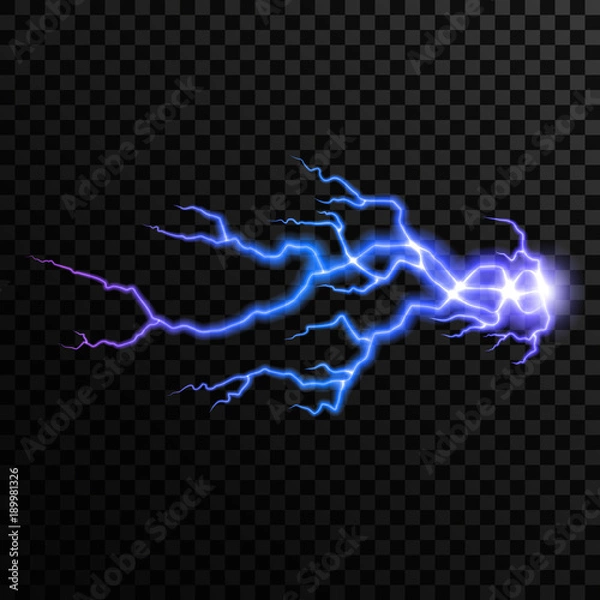 Fototapeta Realistic vector thunderbolt, bright magic lighting effect. Electric light thunder spark isolated on transparent background, for your design.