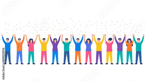Obraz 目標を達成し、ひらひらと舞う紙吹雪の中でバンザイ歓喜する多様なビジネスチームのイラストです。仲間と肩を組み、笑顔で勝利を分かち合う様子は、組織の強固な結束と明るい未来への希望を表現しています。企業の記念イベントや求人広告などで、前向きな活力を伝えます。