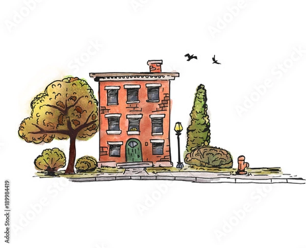 Fototapeta Hand drawn watercolor sketch of townhouse with lawn trees and bushes. Suit for postcard.