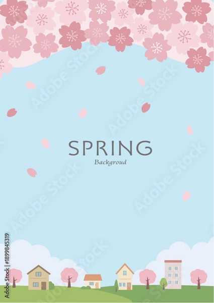 Obraz 春の背景イラスト　桜と花びらと家のイラスト　バナー