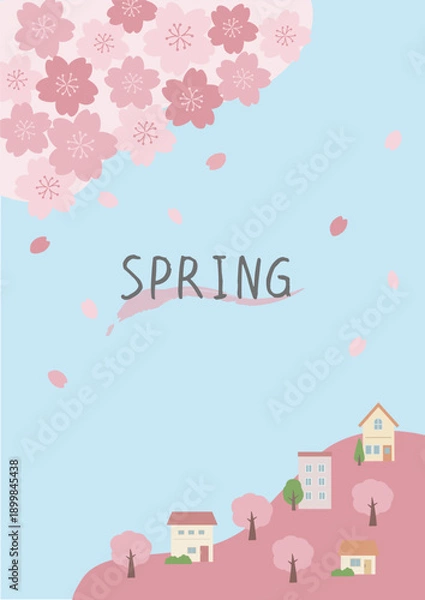 Obraz 春の背景イラスト　桜と花びらと家のイラスト　バナー