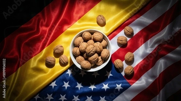 Obraz Spanish and US Flags Walnuts Trade Concept